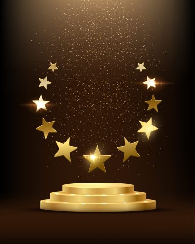 Golden podium with stars glowing. Gold stage with glitter and light smoke on dark background. Hollywood fame in film and cinema or championship in sport vector illustration.